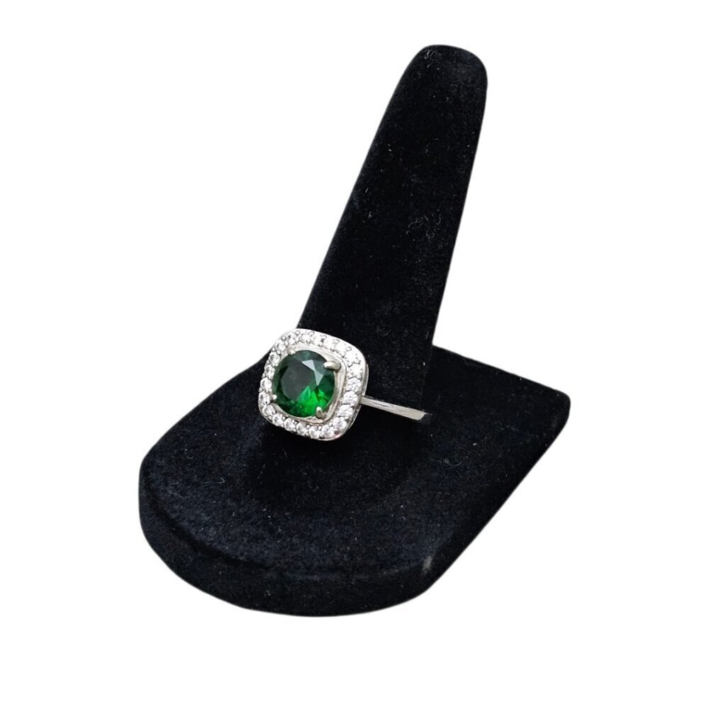 Silver Tone New Emerald Cut Green Halo Diamante CZ Ring Size 8